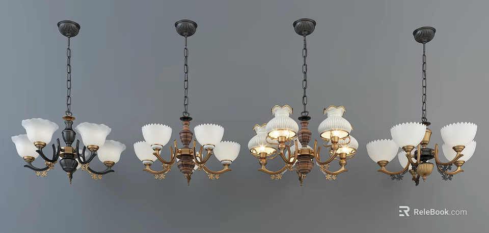 Vintage Decorative Chandeliers With White Shades And Brass Frames Hanging From Chains 3d model 