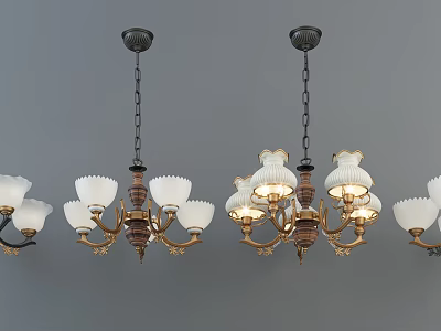 Vintage Decorative Chandeliers With White Shades And Brass Frames Hanging From Chains 3d model