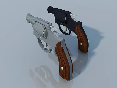 Two Silver And Black Revolvers With Wooden Grips On Gray Background 3d model