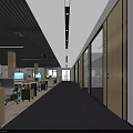 Modern Office Corridor With Glass Partitions Wooden Panels Black Carpet And Ceiling Lights