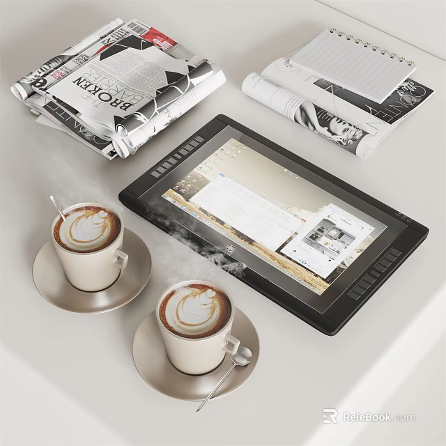 Books Magazines Display On Tablet With Coffee For Cozy Reading Experience 3d model