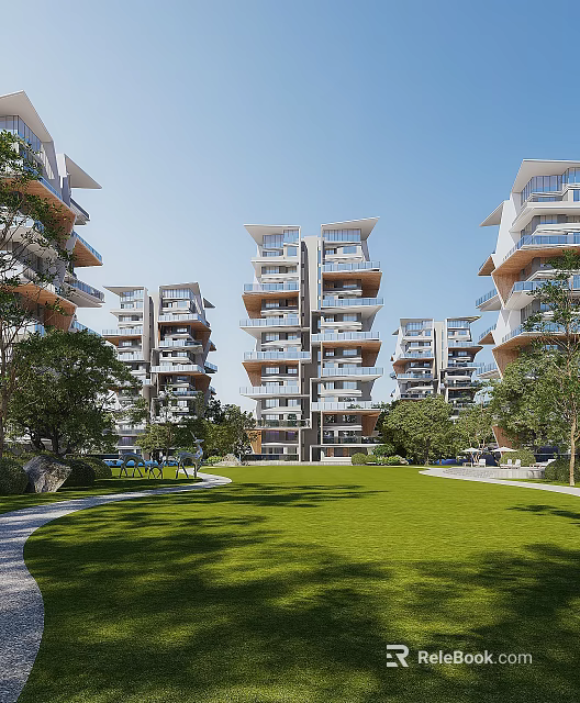 Modern Multi-storey Residential Building with Balconies Greenery Lawn and Pathway 3d model 