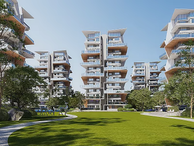 Modern Multi-storey Residential Building with Balconies Greenery Lawn and Pathway 3d model