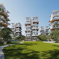 Modern Multi-storey Residential Building with Balconies Greenery Lawn and Pathway