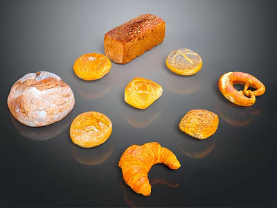 Delicious Freshly Baked Assorted Bread Types Such As Croissant Pretzel Loaf and Round Rolls 3d model