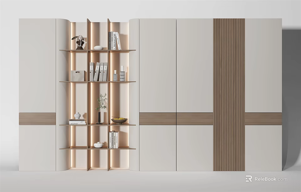 Modern Decorative Cabinet With Layered Shelves Lighting Wooden Panels And Decorative Items 3d model 