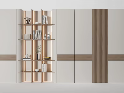 Modern Decorative Cabinet With Layered Shelves Lighting Wooden Panels And Decorative Items 3d model