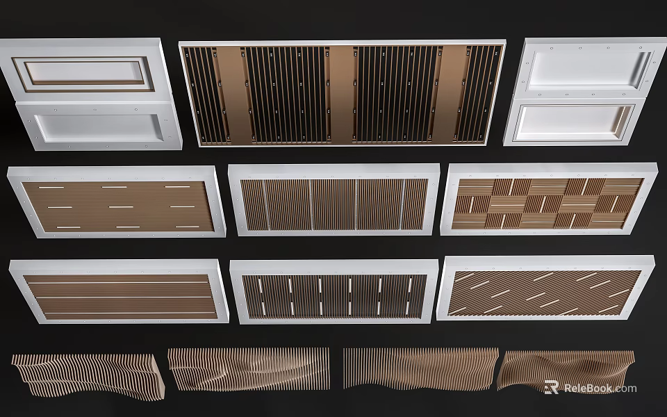 Modern Ceiling Design Featuring Various Wooden Striped Grid and Patterned Styles 3d model