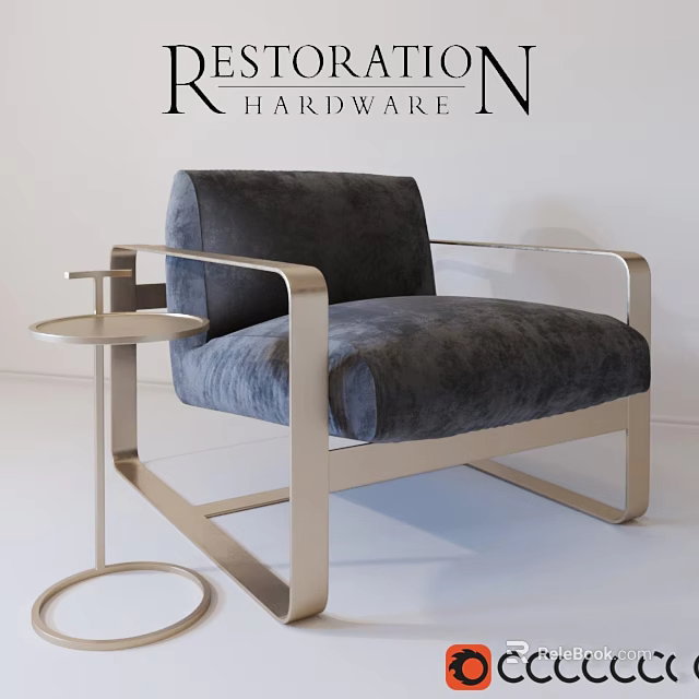 Modern Leisure Chair With Metallic Frame Dark Fabric Upholstery And Round Side Table 3d model 