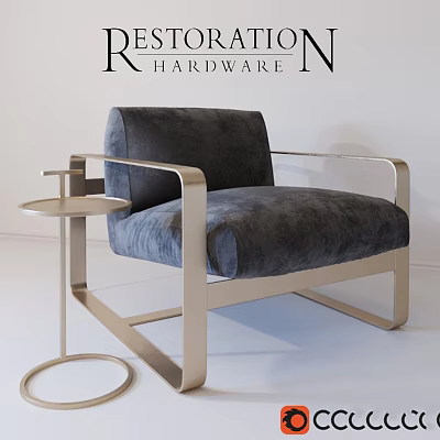 Modern Leisure Chair With Metallic Frame Dark Fabric Upholstery And Round Side Table 3d model