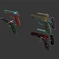 Multiple Classic Pistols With Wooden Grips And Detachable Magazines On Dark Background 3d model