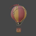Colorful Red And Yellow Striped Hot Air Balloon With Wicker Basket