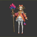 Anime Girl Character With Bird Feather Fan In Pink White Outfit And Red Bow Accessory