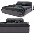 Gray Upholstered Double Bed With Dark Green Bedding Pillows And Bedside Table 3d model