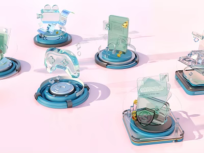 Transparent Tech Inspired Display Stands With Blue Base And Various Items 3d model