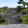 Serene Natural Garden Landscape With Large Stone Steps Green Ferns And Moss Covered Rocks