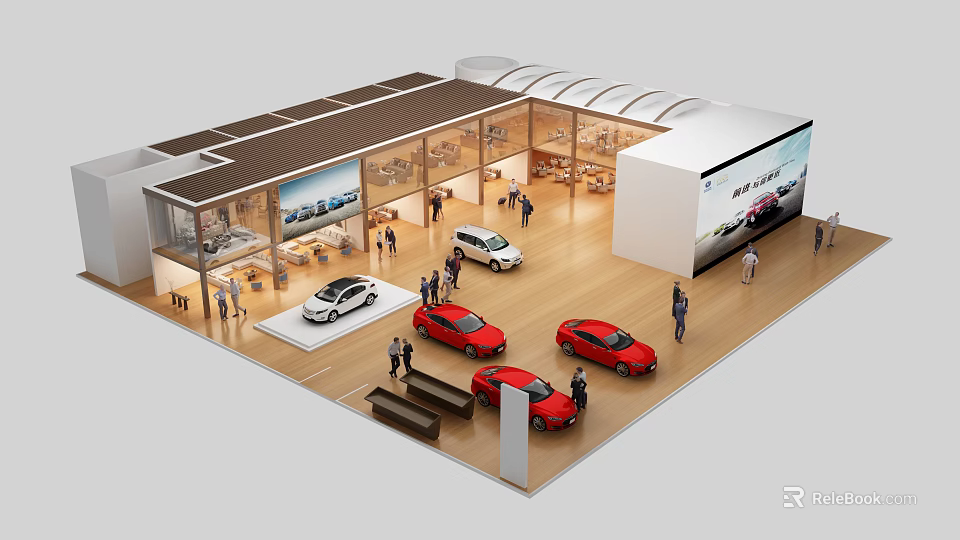 Exhibition Booth Display With Multiple Cars Visitors And Open Glass Structure Area 3d model 