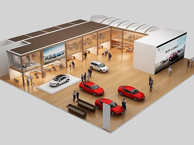 Exhibition Booth Display With Multiple Cars Visitors And Open Glass Structure Area 3d model