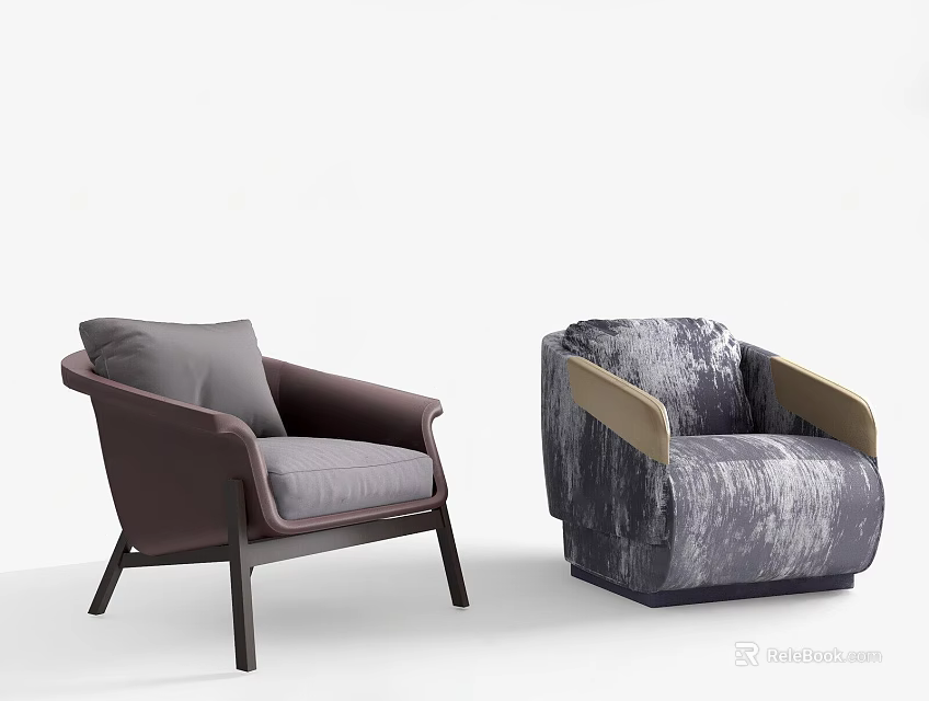 Contemporary Accent Chair Designs With Brown Upholstery Gray Pillow And Patterned Fabric Wooden Legs 3d model 