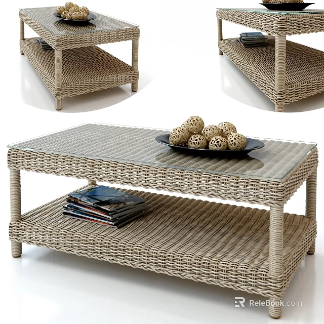 Rattan Coffee Table with Glass Top and Lower Shelf for Magazines and Decorative Balls 3d model 