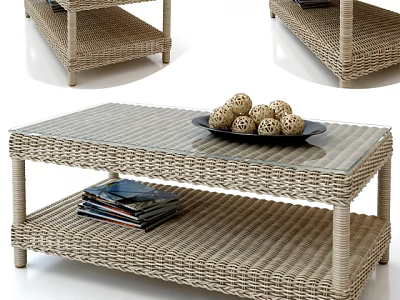 Rattan Coffee Table with Glass Top and Lower Shelf for Magazines and Decorative Balls 3d model