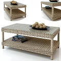 Rattan Coffee Table with Glass Top and Lower Shelf for Magazines and Decorative Balls