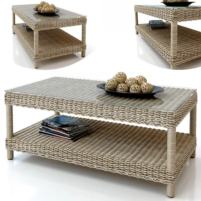 Rattan Coffee Table with Glass Top and Lower Shelf for Magazines and Decorative Balls 3d model