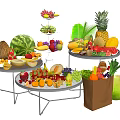 Fresh Assorted Fruits Displayed on Plates and Stands with Brown Shopping Bag