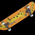 Orange Skateboard Deck With Yellow Spotted Design White Wheels And Metal Trucks