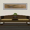 Wooden Carved Arhat Bed With Yellow Mattress Side Plant Stands And Wall Calligraphy Painting