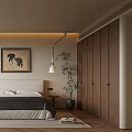 Modern Bedroom Interior With Neutral Tones Upholstered Headboard Area Rug Wall Art And Wooden Cabinets