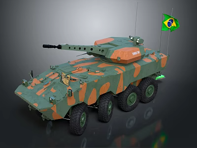 Armored 6 Wheeled Military Vehicle With Green Orange Camouflage Turret Cannon And Brazilian Flag 3d model