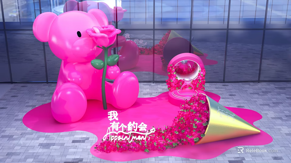 Pink Bear Holding Rose With Open Gift Box And Pink Petals On Ground 3d model 
