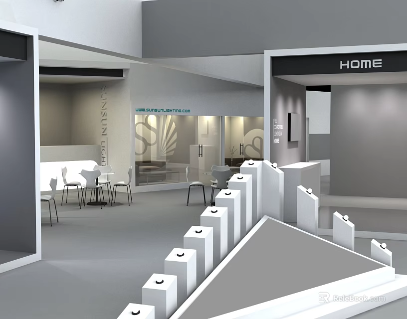Modern Home Exhibition Showroom Interior With Display Booths Stands Tables And Chairs 3d model 