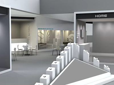Modern Home Exhibition Showroom Interior With Display Booths Stands Tables And Chairs 3d model