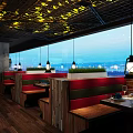 Industrial Style Restaurant Interior With Wooden Ceiling Decor Pendant Lights Bar And Dining Tables