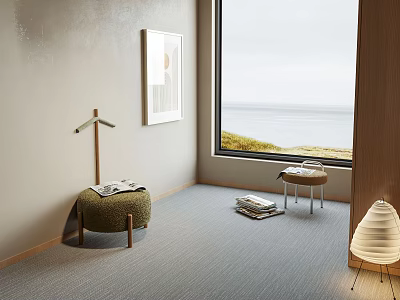 Cozy Room Interior Featuring Soft Fabric Sofa Stool With Magazines And Carpet Near Window 3d model