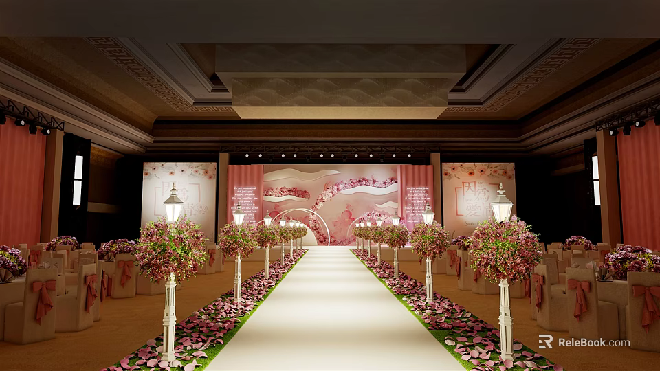Elegant Banquet Hall Interior with Red Carpet Flower Arrangements and Decorative Backdrop 3d model 