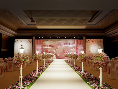 Elegant Banquet Hall Interior with Red Carpet Flower Arrangements and Decorative Backdrop 3d model