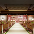 Elegant Banquet Hall Interior with Red Carpet Flower Arrangements and Decorative Backdrop