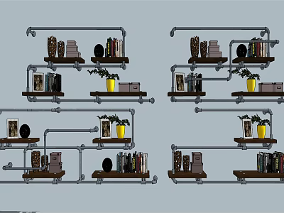 Industrial Style Wall Cabinets With Metal Frames Wooden Shelves And Decor Items 3d model
