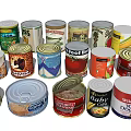 Various Types of Canned Food with Assorted Labels and Colorful Packaging