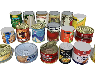 Various Types of Canned Food with Assorted Labels and Colorful Packaging 3d model