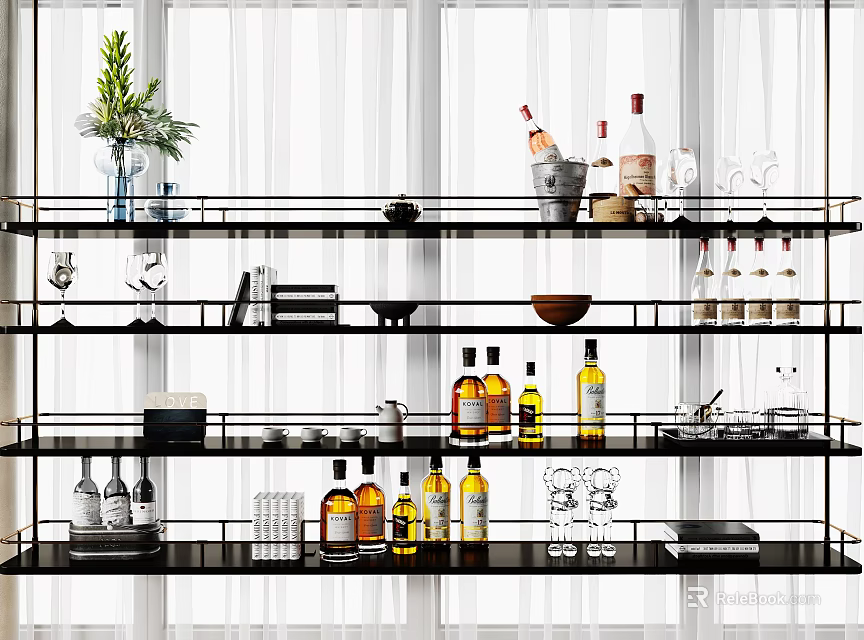 Stylish Wine Rack With Multiple Shelves Holding Wine Bottles Glasses And Decorative Items 3d model 