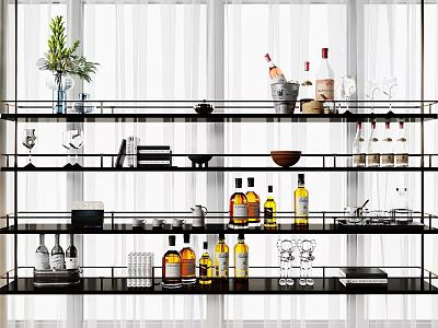 Stylish Wine Rack With Multiple Shelves Holding Wine Bottles Glasses And Decorative Items 3d model