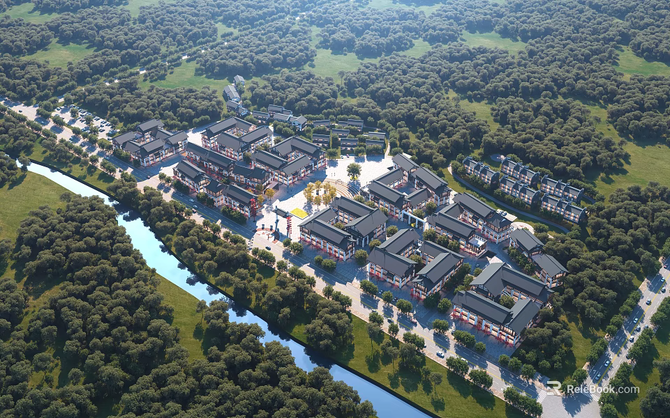 Aerial Planning of Traditional Building Complex With River and Lush Greenery 3d model 