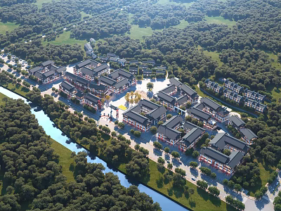 Aerial Planning of Traditional Building Complex With River and Lush Greenery 3d model