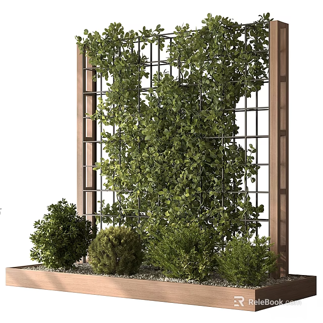 Decorative Ornament Set With Wooden Trellis Green Climbing Plants And Small Potted Shrubs 3d model 