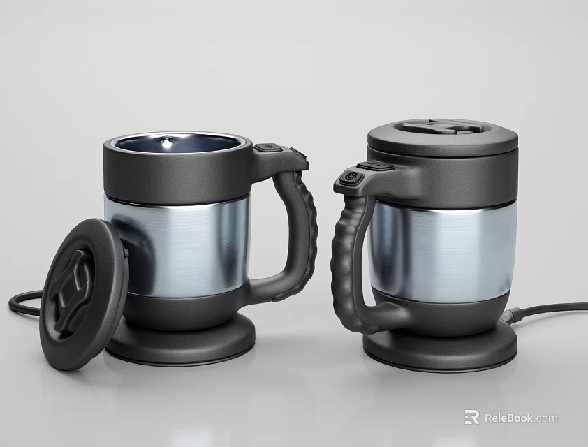 Two Modern Stainless Steel Mugs With Black Silver Finish Open Lid And Power Cord Base 3d model 
