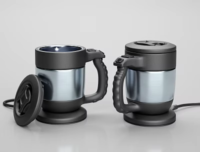 Two Modern Stainless Steel Mugs With Black Silver Finish Open Lid And Power Cord Base 3d model